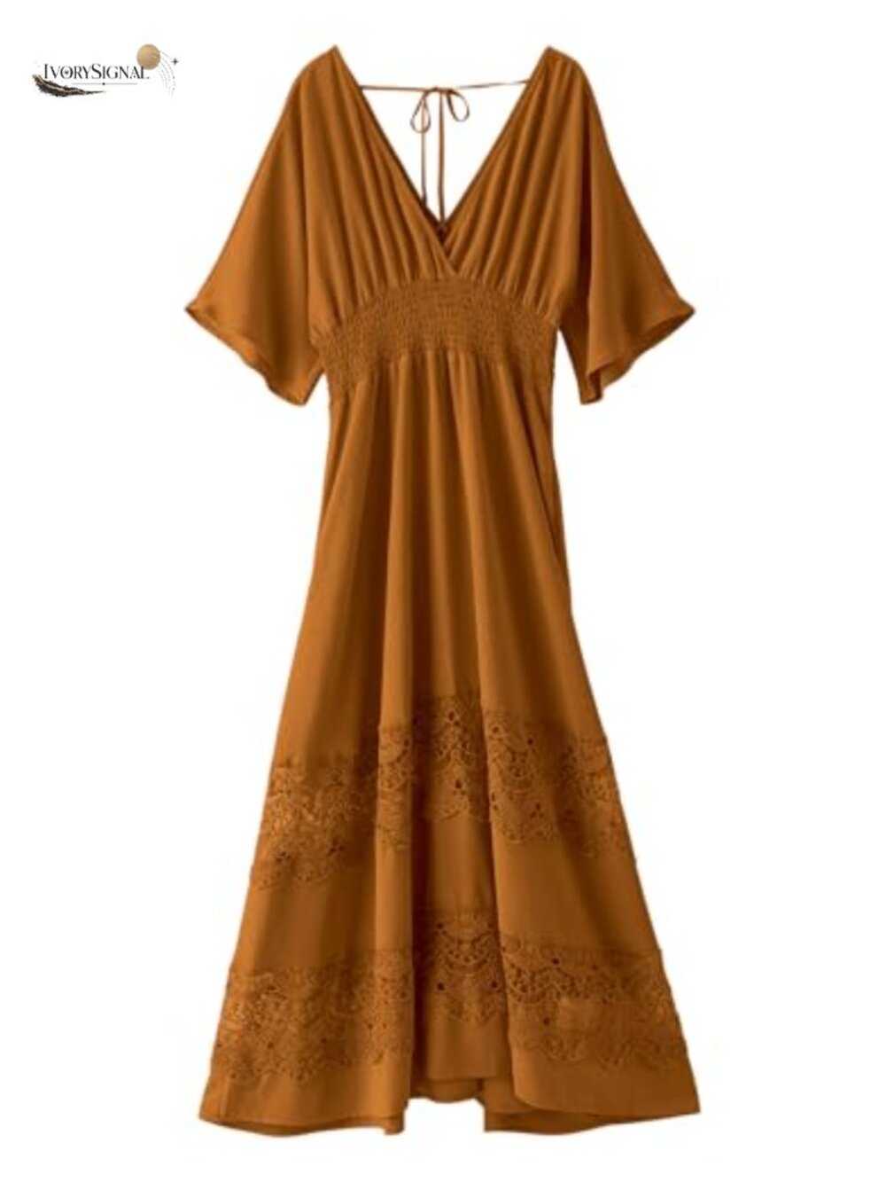 Boho Maxi Dress V Neck Short Sleeve Lace Smocked Waist Flowy Dress